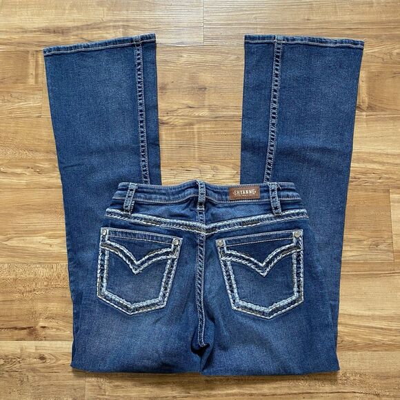 SHYANNE 29x32 Thick Stitch Rhinestone Medium Wash Boot Cut Jeans Short Western - Picture 11 of 15